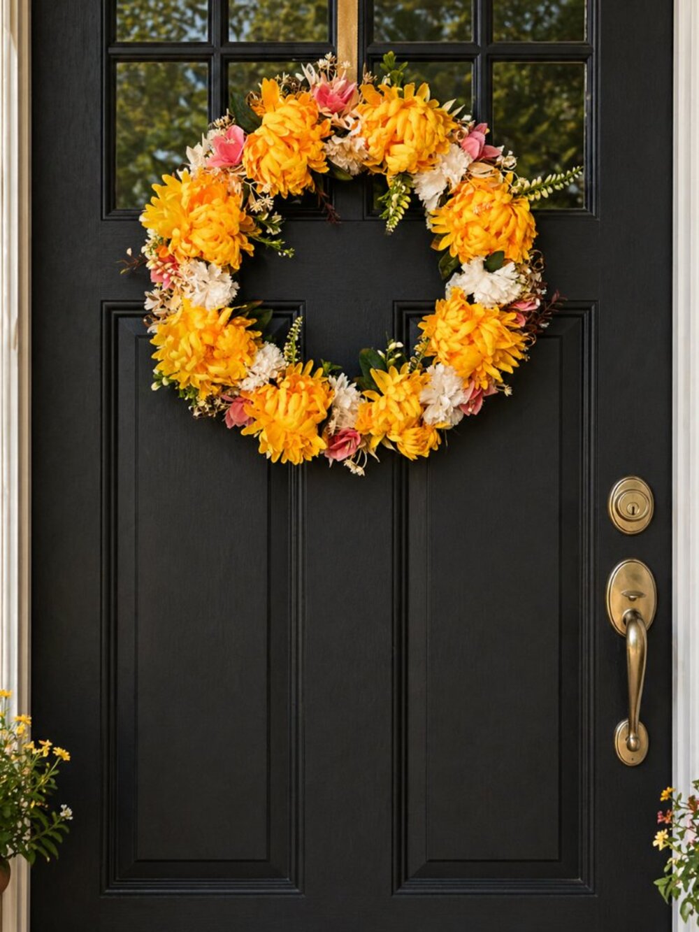 Spring Wreath for Front Door Yellow Mums, White Carnation, Large Handmade 20x20”